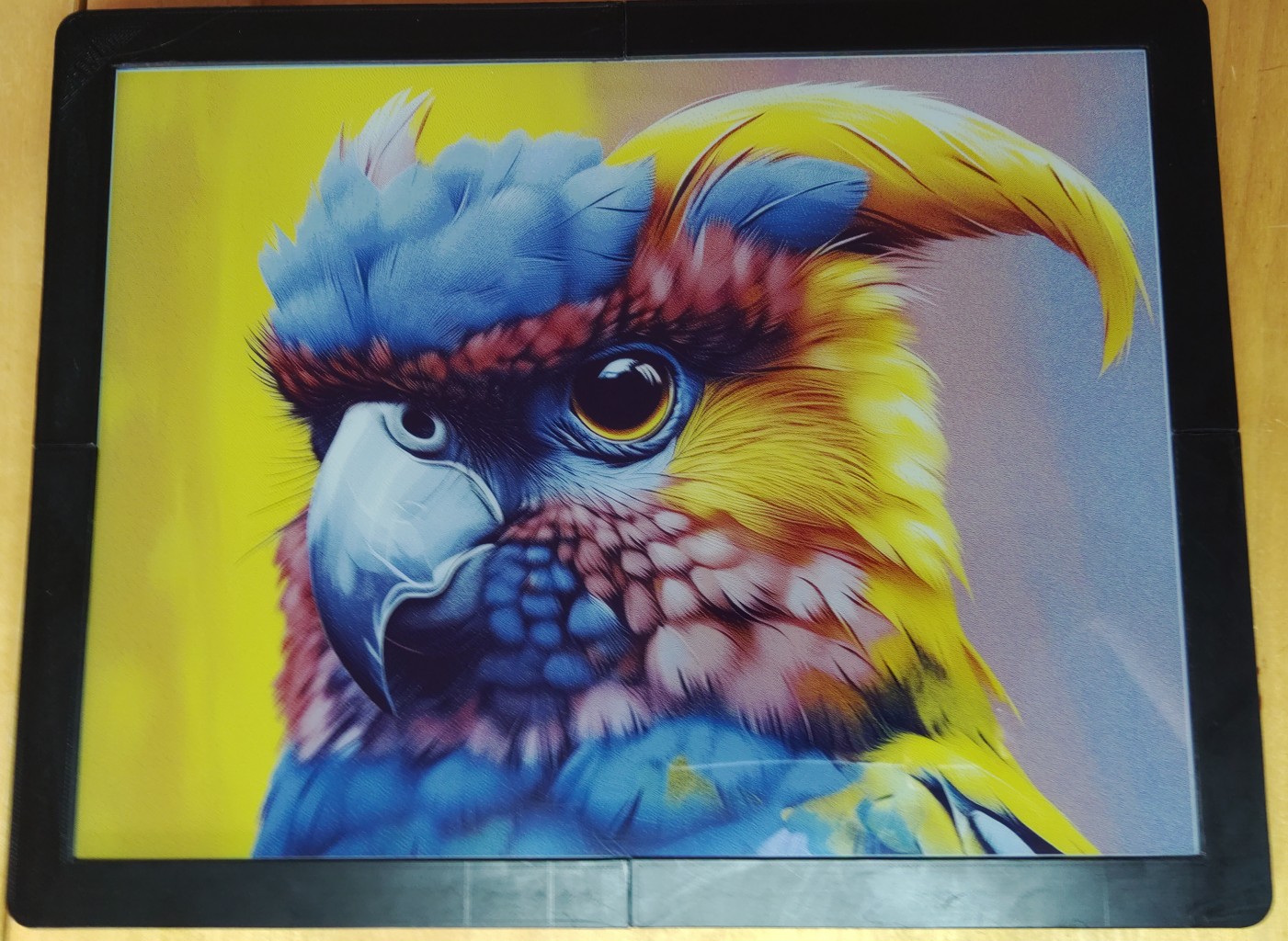 a colorful bird displayed on the e-paper display