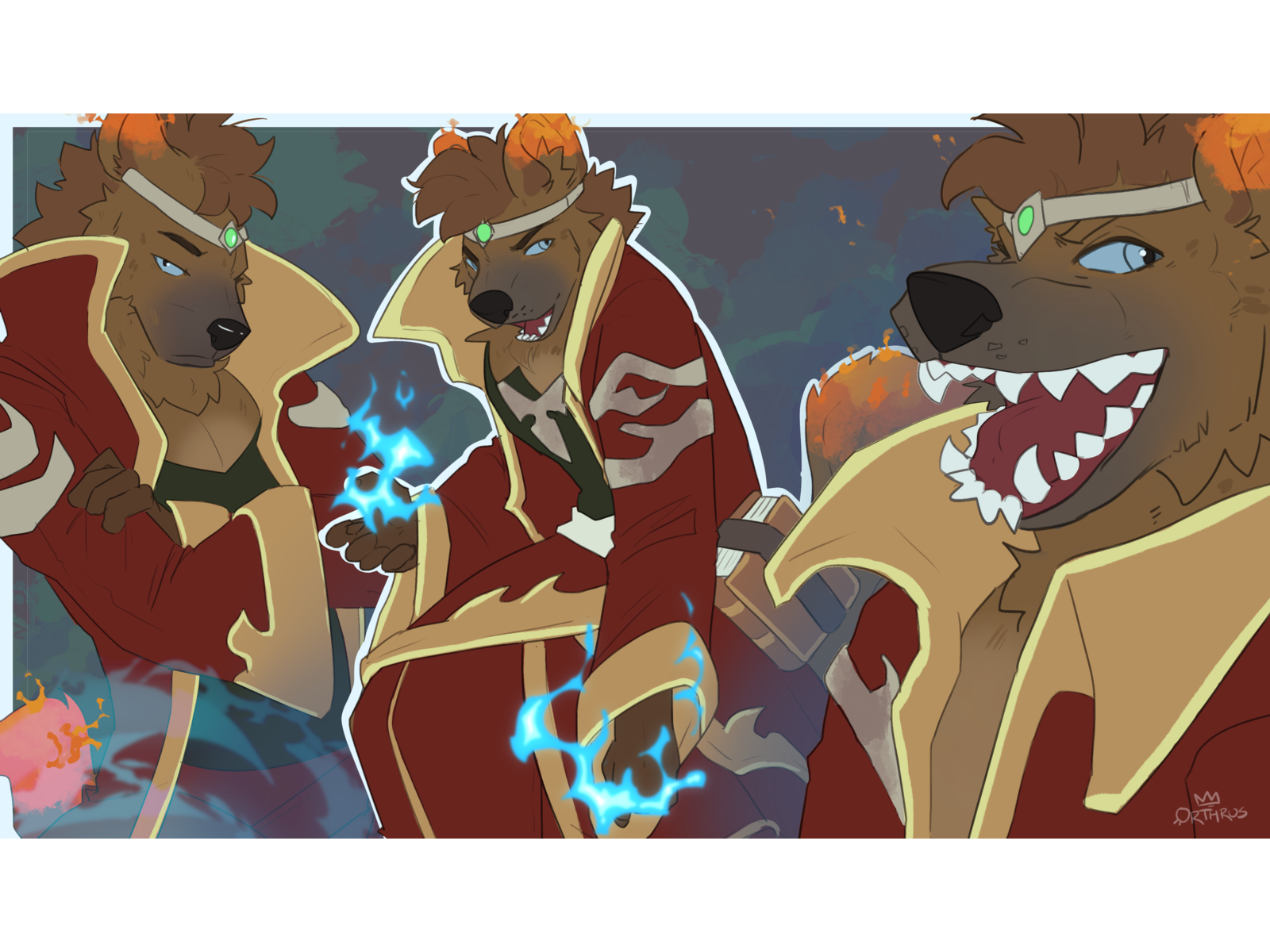 a digital drawing that we want to display. The drawing is of an anthro hyena clothed in red with blue flames around him