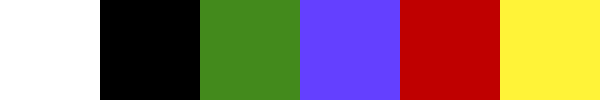 A row of 6 pixels, in order white, black, green, blueviolet, firebrick red, and yellow